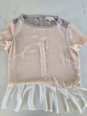 LOFT Pink and Gray Peplum Ruffle Top